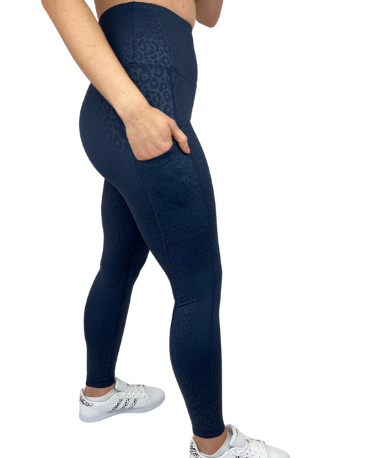 Navy leopard revive high waisted leggings pocket view