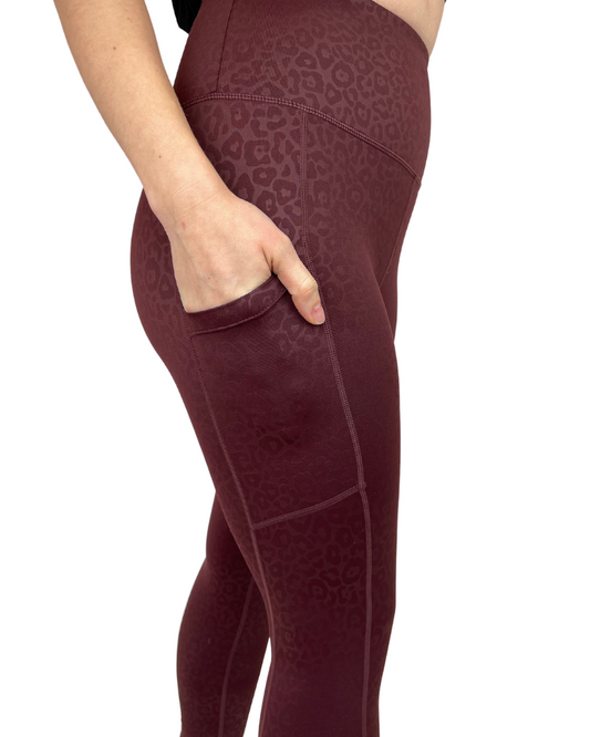 Merlot leopard revive high waisted leggings pocket view