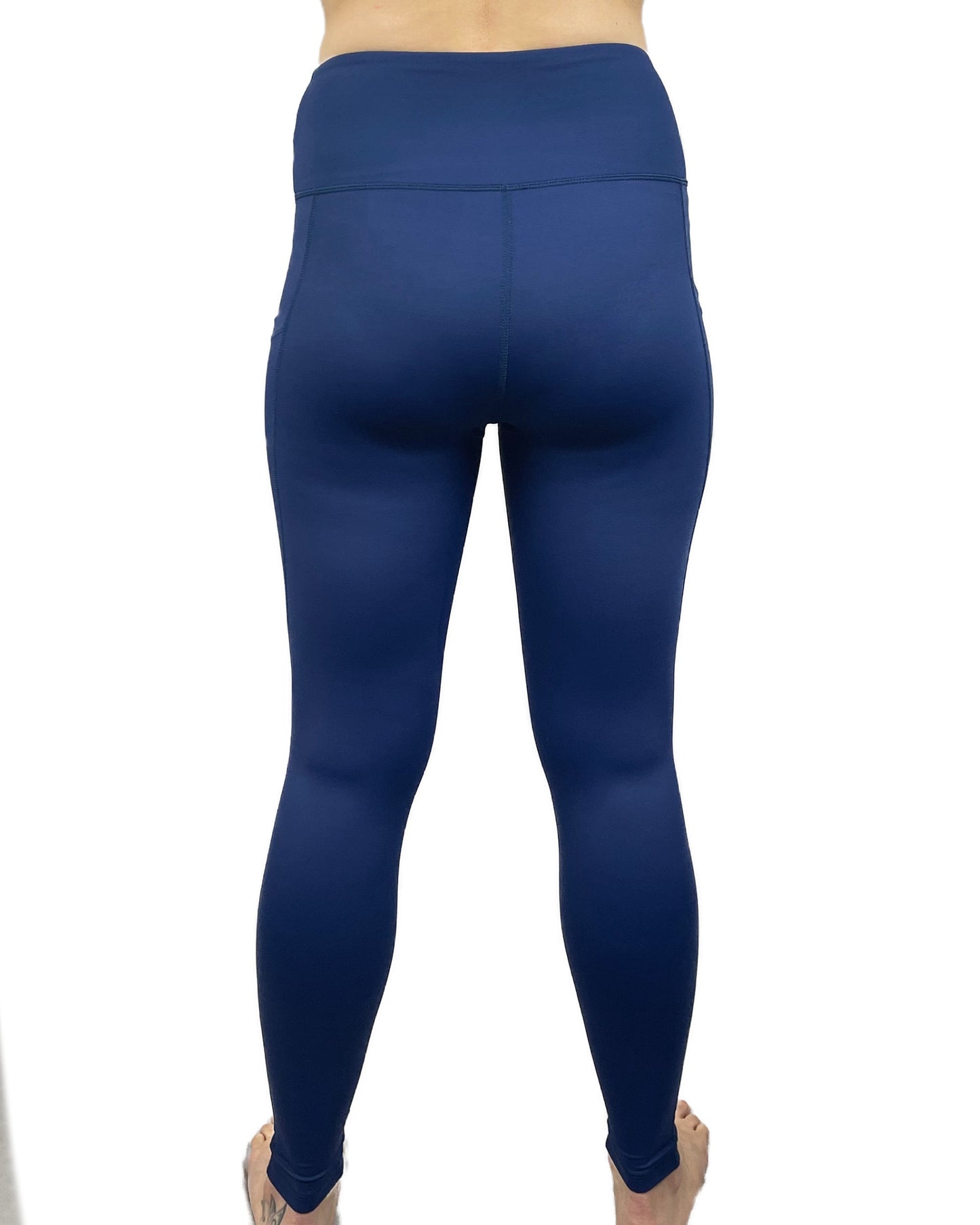 Back of maternity and postnatal leggings in blue