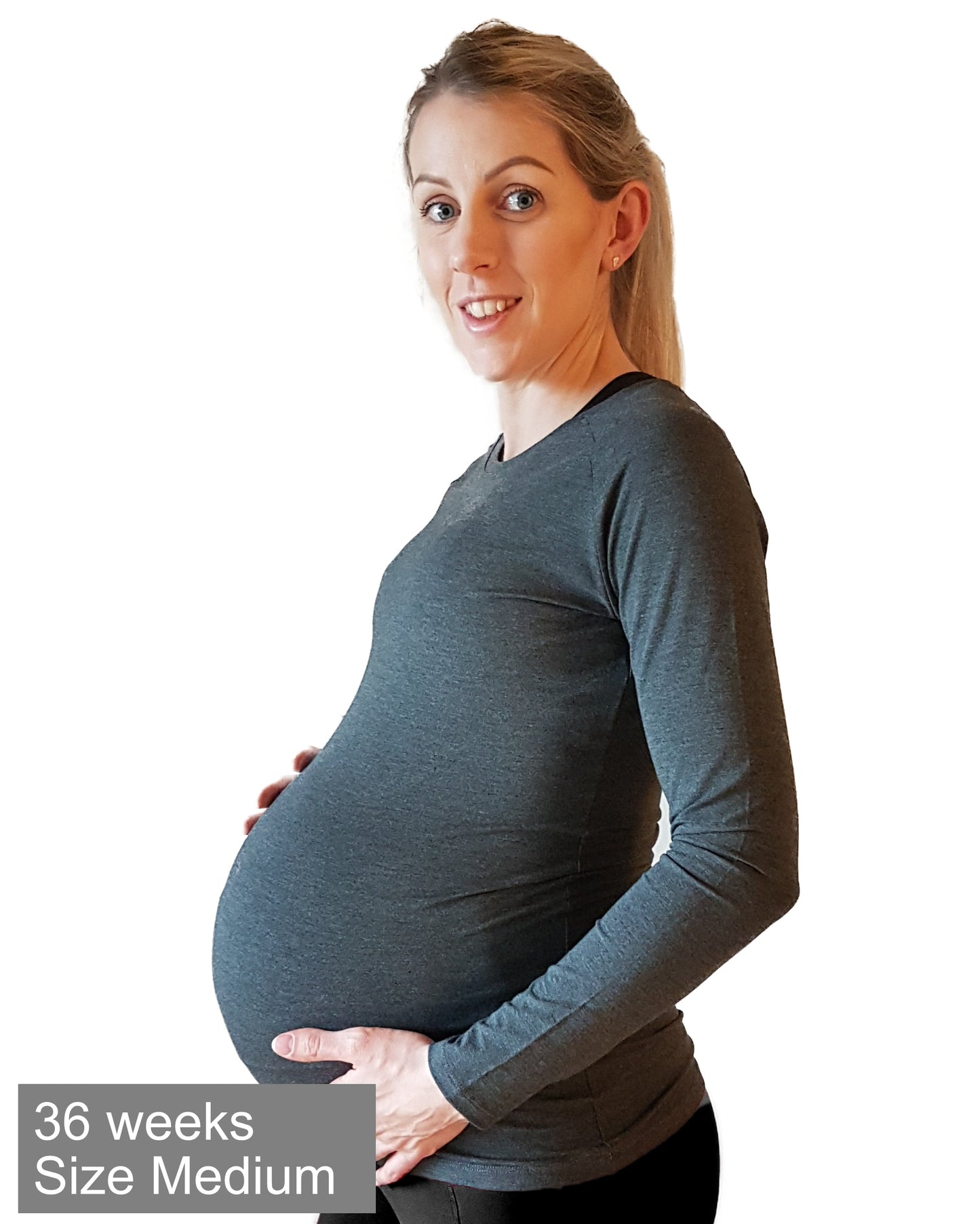 Maternity top modelled in 3rd trimester