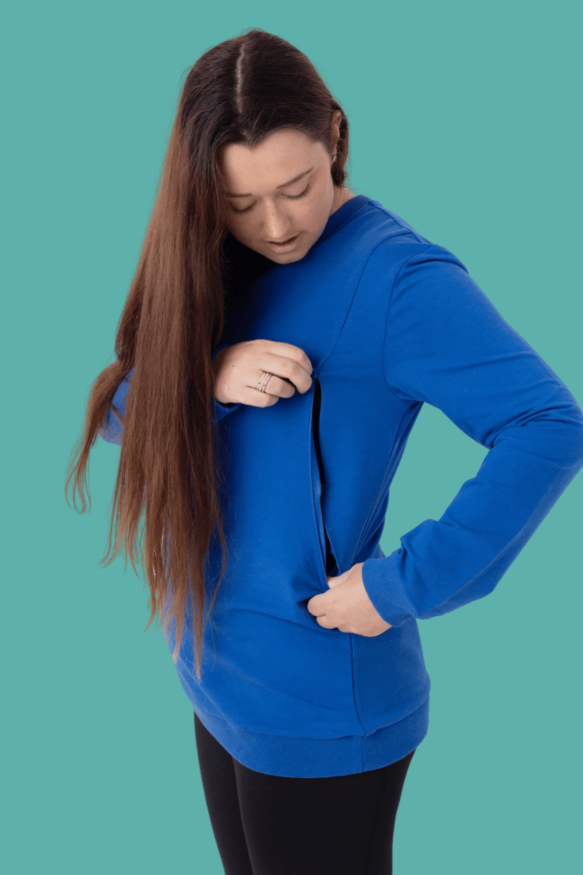 Blue maternity and breastfeeding jumper with side zips