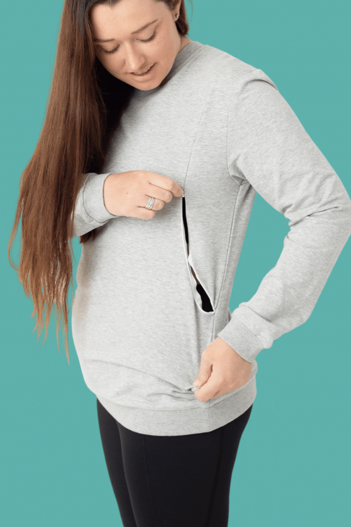 Grey maternity and breastfeeding jumper with side zips