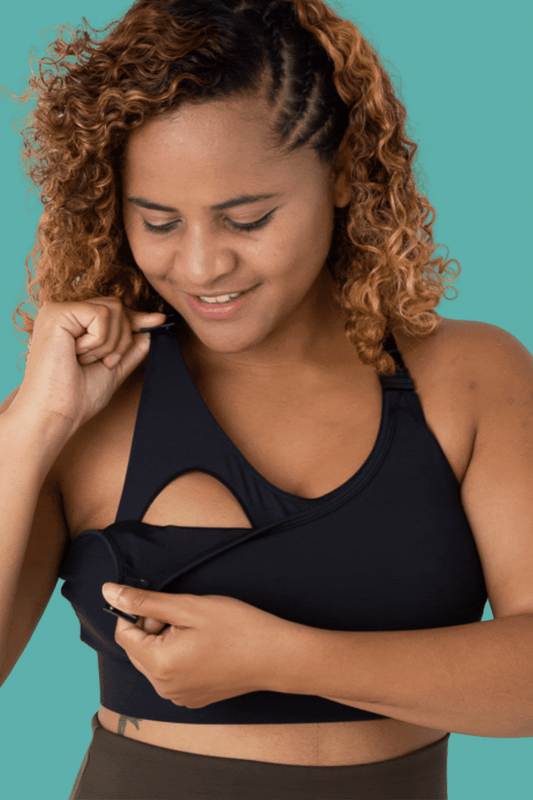 scrolling image of black breastfeeding sports bra showing back and front