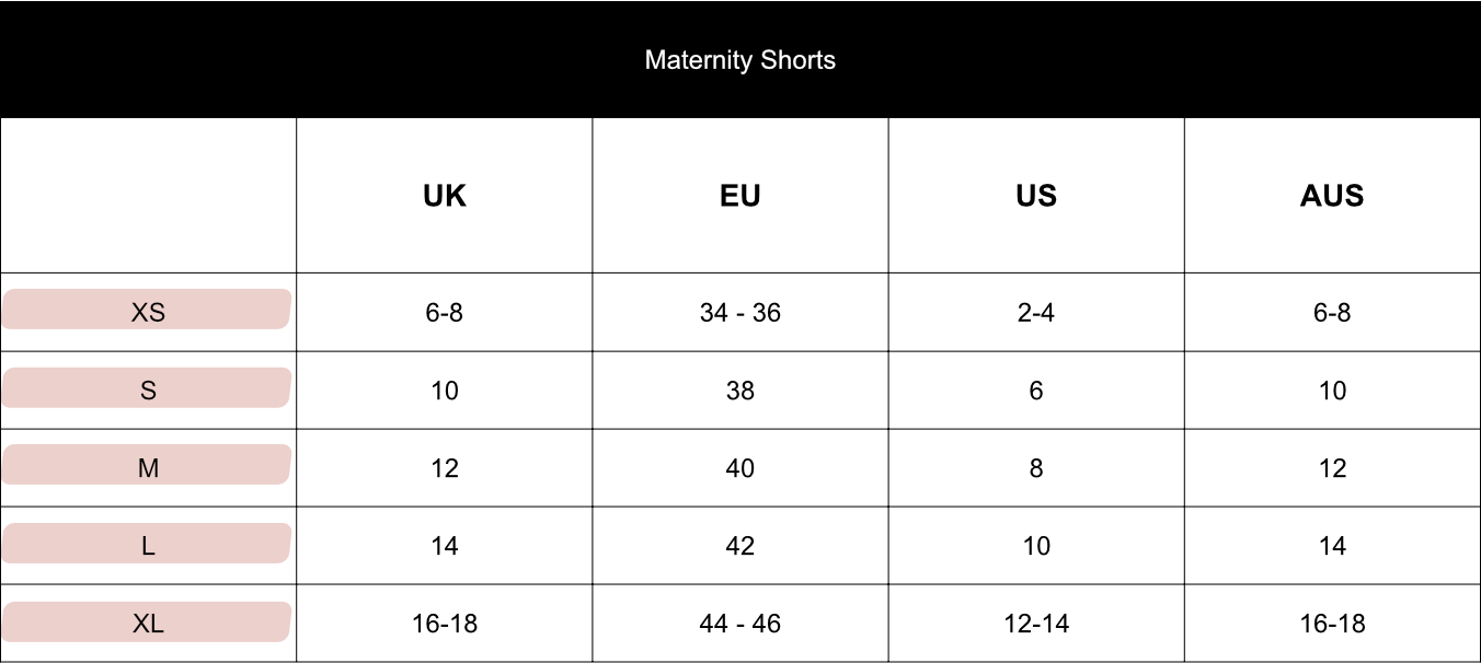 Maternity shorts size chart