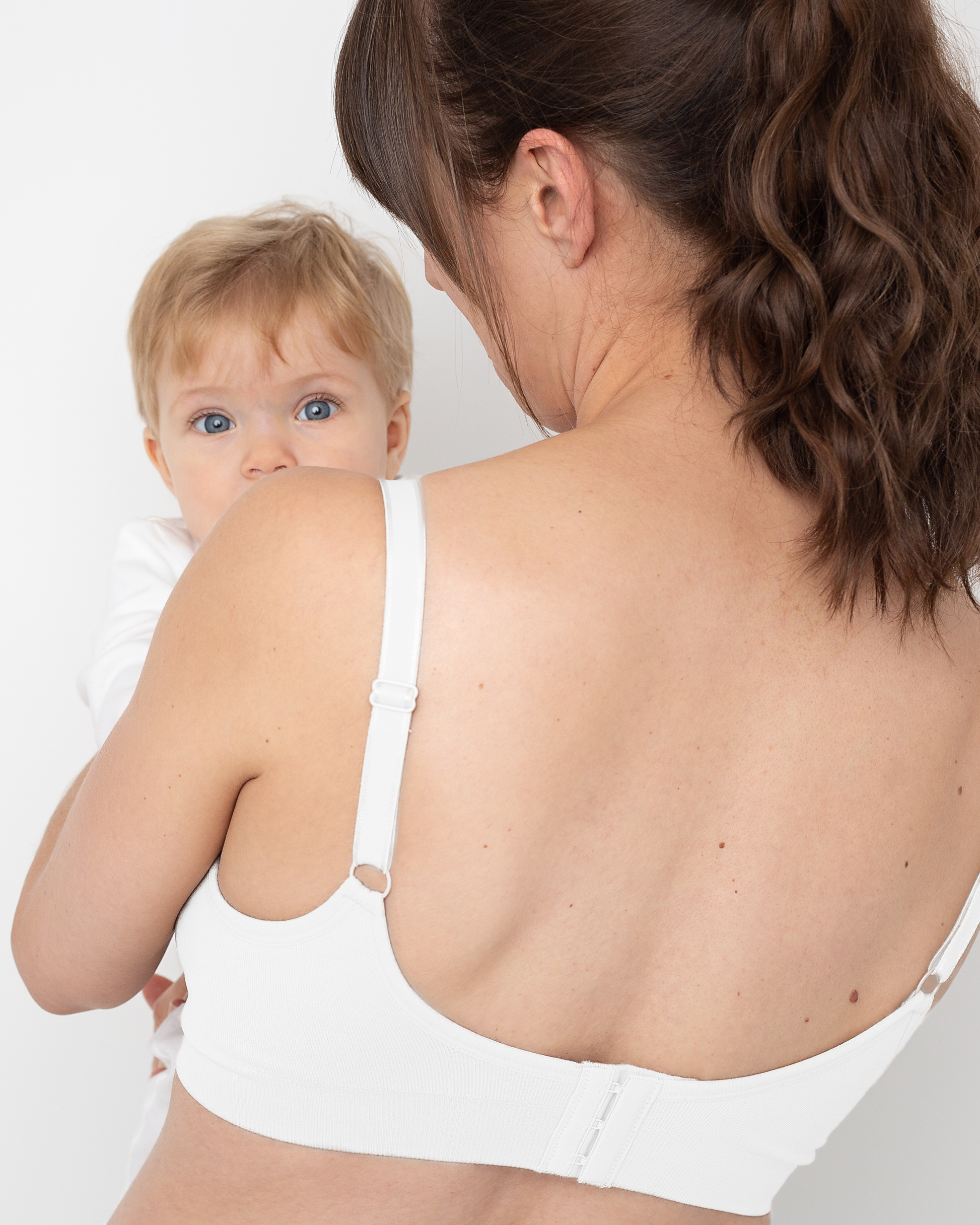 nursing bra white back with baby